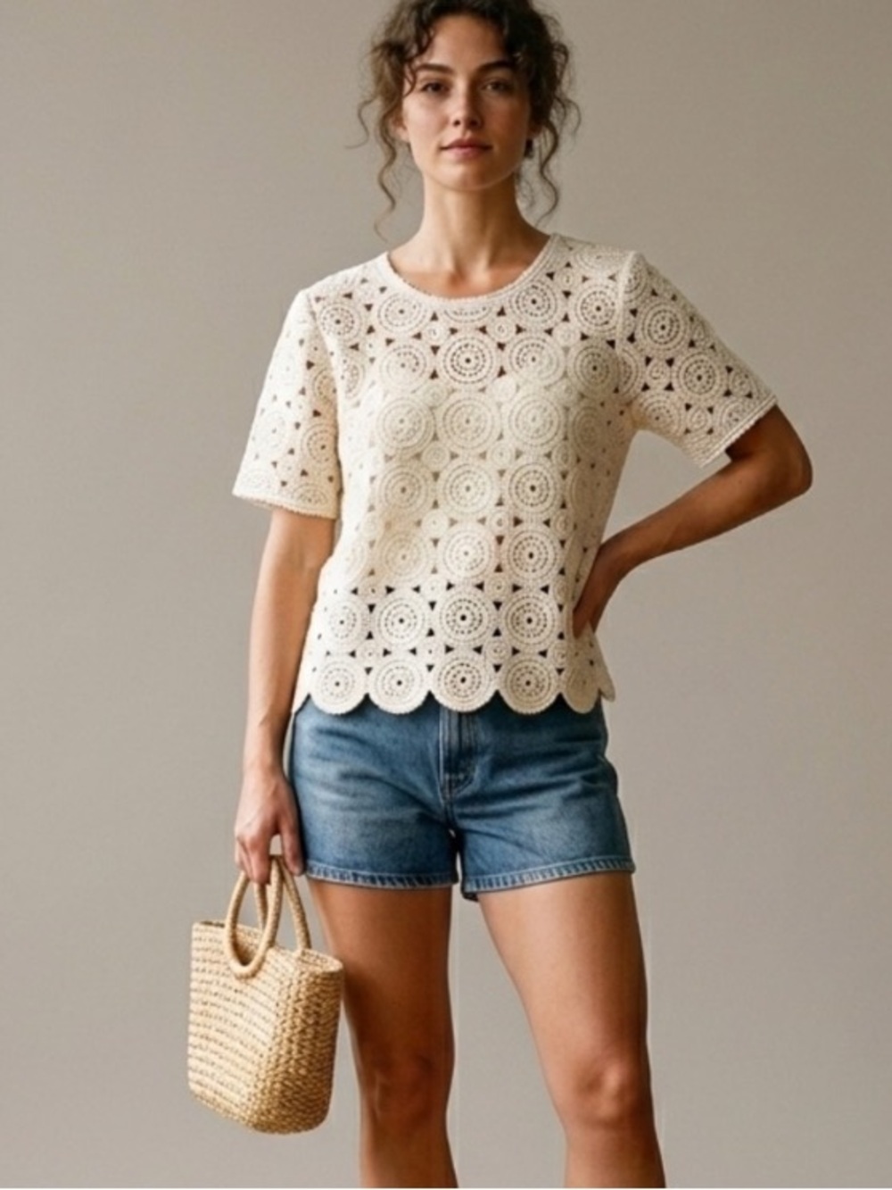 J Jill Crochet Lace Tee Barley Large